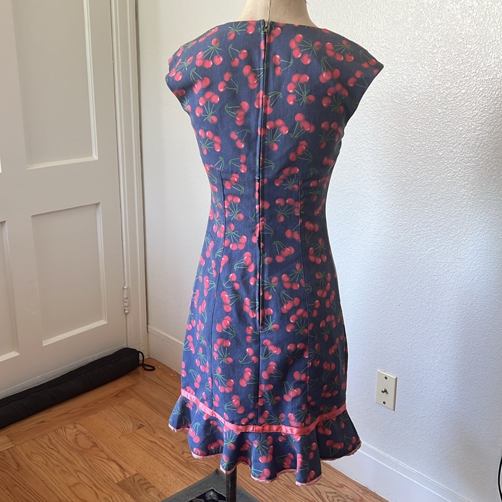 Bettie Page Las Vegas Blue Dress w Cherry Print and Pink Ribbons — Sz S - Picture 5 of 10